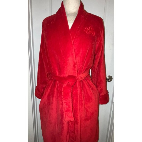 Lauren Ralph Red Plush Robe Bathrobe Monogram Logo Womens Size M Soft Cozy Shawl - Picture 1 of 7